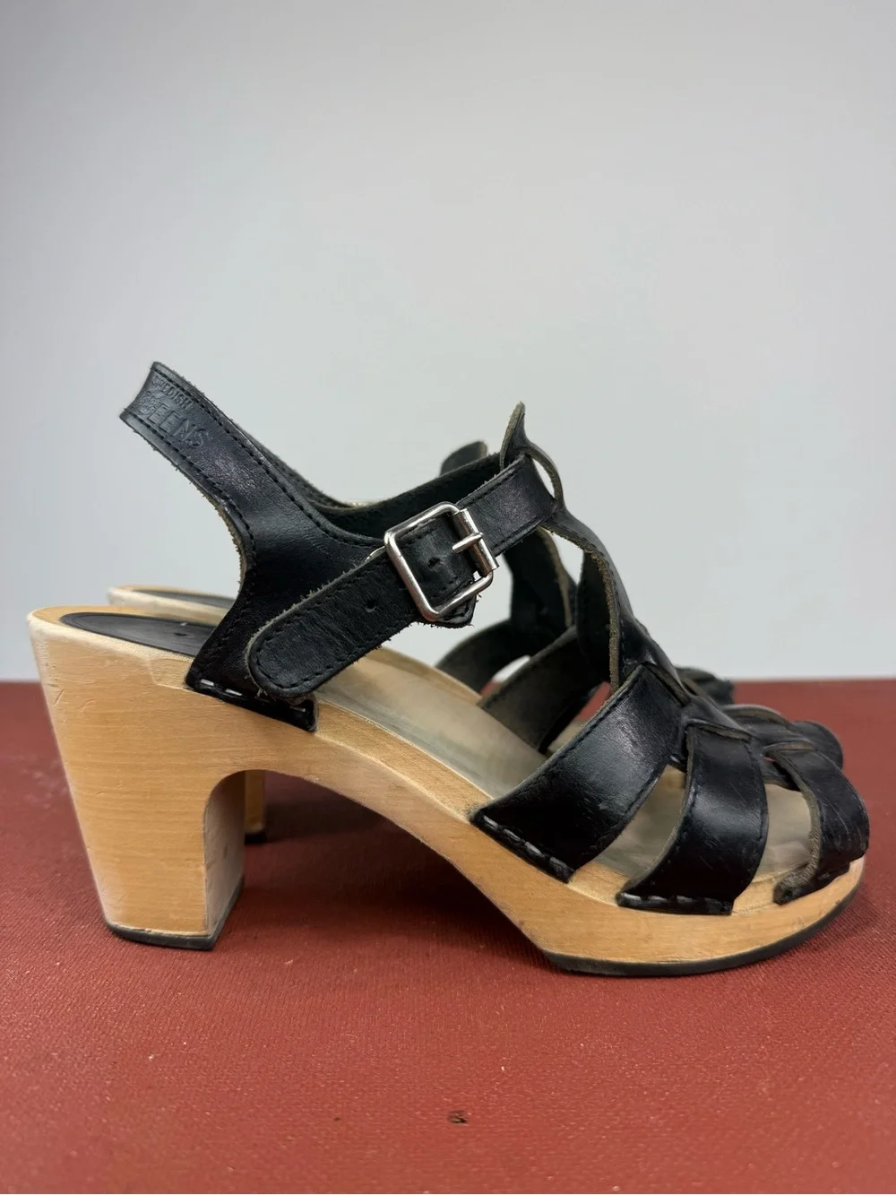 Swedish Hasbeens Black Woven Leather Platform Sandals Size 39